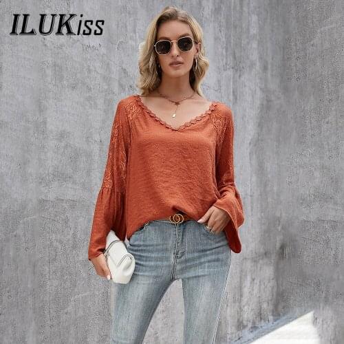 Summer Lace Long Sleeve Top Women Blouse Pure Color V Neck 2021 Fashion Tee Shirt Femme Casual Loose Tops Shirts Ladies Blouses