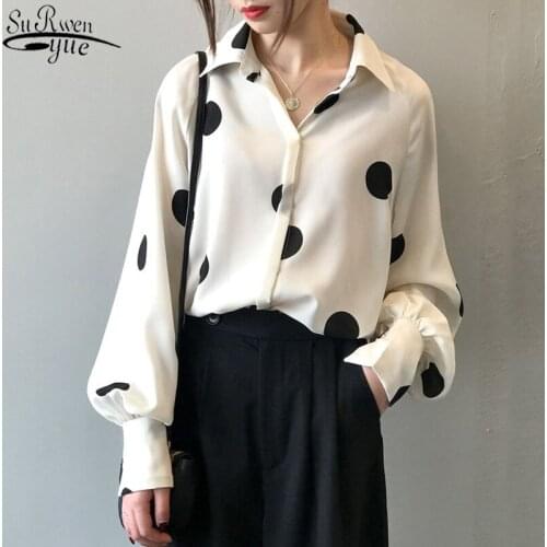 Spring Autumn Korea Retro Polka Dot Chiffon Shirt Women Long Sleeve Loose Shirt Lantern Sleeve Women Tops and Blouses 13442