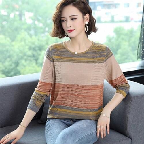 Round Neck Long Sleeve Women Summer Thin Sweater 2021 New Loose Plus Size Fashion Striped Ladies Pullover Sueters De Mujer 3XL