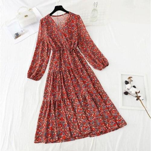 2021 Spring Women V-neck Lace up Long Dresses Elegant Long Sleeve Floral Print Vestidos Casual Bohemian Ruffles Dress