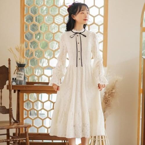 2021 Women Long Dress Spring Clothes New Super Fairy Lace Dress Sweet Korean Hollow Out Slim Waist Bow Tie Elegant Long Sleeve