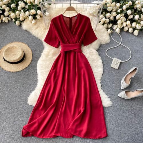 2021 New Summer French Vestidos Feminine Temperament V-neck Tie Waist and Thin Solid Color Platycodon Midi Dress DK358
