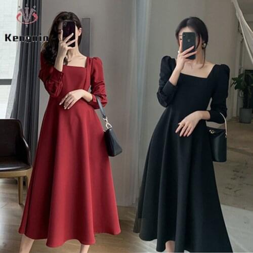 Black Dress 2021 Spring Autumn Ladies Vestidos Long Sleeve Vintage Square Collar Female Dresses Plus Size 4XL Lady Robe KE871