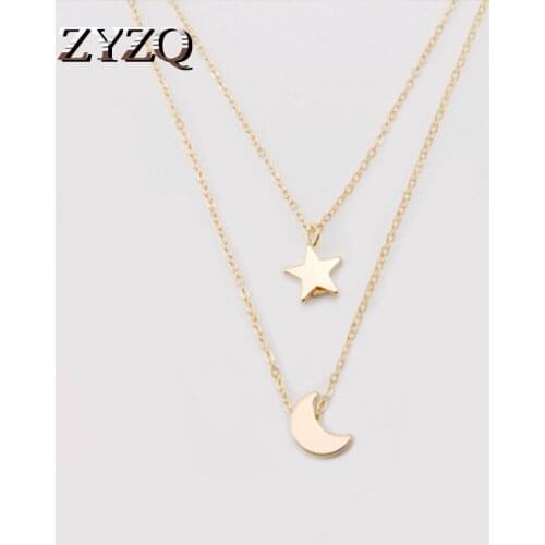 ZYZQ Trendy Simple Chain Necklace Double Layered Star&Moon Shaped Pendant Wholesale Lots&Bulk Silver Plated Golden Color Hot