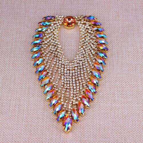 14.3X8cm AB Crystal Heart Tassel Rhinestone Applique Sewing Bridal Dress Decorative Handmade gold bridal wedding crystal jewelry