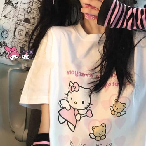 2021 Summer Cute Sweet White Casual Short-sleeved Kitty Printed T-shirt Japanese Kawaii Girl Tops Tshirt Women