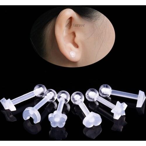 6pcs 1.2x8mm Clear Acrylic Star Moon Heart Piercing Ear Jewelry Barbell Cartilage Piercings Helix Tragus Earrings Studs Women