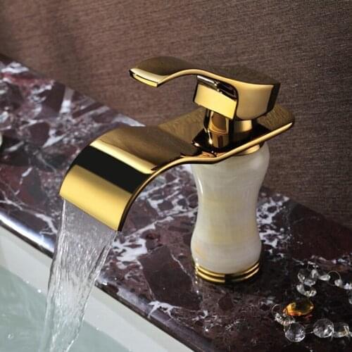 Free shipping jade stone gold bathroom mixer tap and solid brass golden basin sink faucet with single handle bathroom basin tap