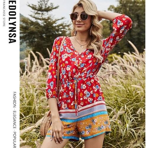 Boho Printed Bib Pants Seven-point Lantern Sleeve Closure Drawstring Jumpsuit Casual Backpack Pants 2021 One-piece Jumpsuit Y94