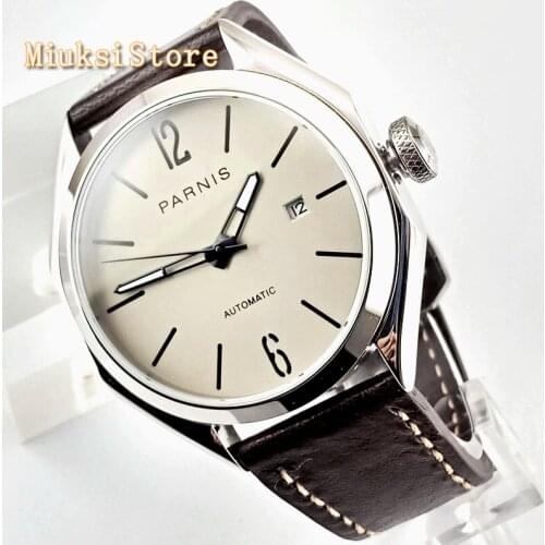 Parnis 43mm Mens Top Luxury Watch Silver Case Sapphire Crystal Gray Dial Luminous Leather Strap Miyota Movement Automatic Watch