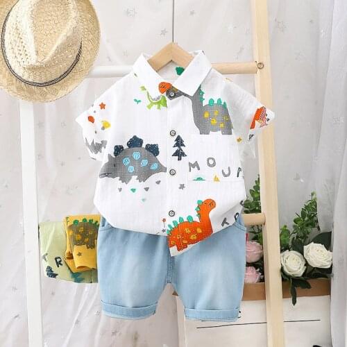 Children Cotton Clothes Summer Baby Boys Animal Printed Short Sleeve T Shirts Denim Shorts 2Pcs/sets Kids Toddler Tracksuits