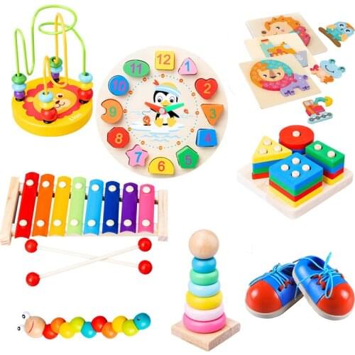 Baby Wooden Montessori Educational Toys Animal Shape Puzzle Rainbow Blocks Circles Bead Xylophone Toys Kids Wooden Learning Toys