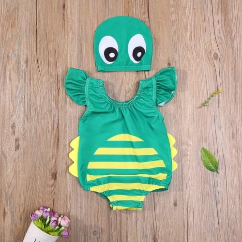 2021 New Kids Baby Swimsuit Cartoon Beetle Swimwear Bodysuit with Swim Hat Ruffles Fly Sleeve Bathing Suit Beachwear for Child