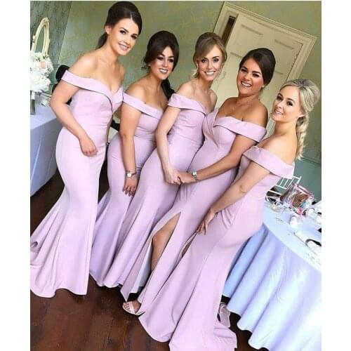 Elegant Mermaid Long Satin Lavender Pleated Bridesmaid Dresses with Slit Off Shoulder Corset Back Formal Wedding Party Dresses