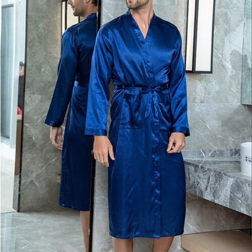 Mens Kimono Bathrobe Silk Satin Pajama Sleepwear Night Gown Robes Long Sleeve Solid Comfort Noble Dressing Gown Men Sleep Robes