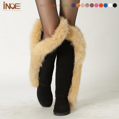 INOE cow suede leather real fox fur fashion thigh over the knee winter snow boots for women long winer shoes flats black grey