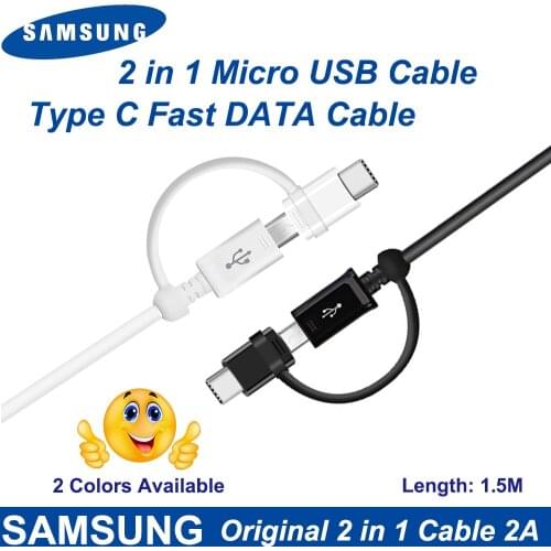 Samsung 2 in 1 USB Micro USB Cable To Type C Fast Charging White/Black 1.5M Data Cable for Original Galaxy S10 S20 S7 Edge A7 A9