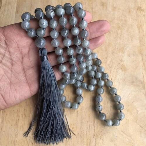 8mm Labradorite Gemstone 108 Beads Mala Tassel Necklace Chakra Spiritua Buddhism Religious Yoga