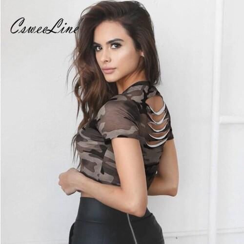 Summer Women Sexy Camouflage Camo Crop Top Streetwear Ripped T Shirt Fashion Tee Female Military Army Hollow Out Cropped T-shirt