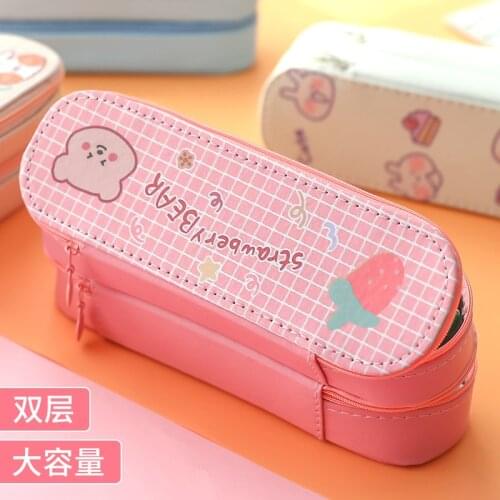 Creative Multifunctional Double-layer Pencil Case PU Canvas Large Capacity Stationery Pencil Box