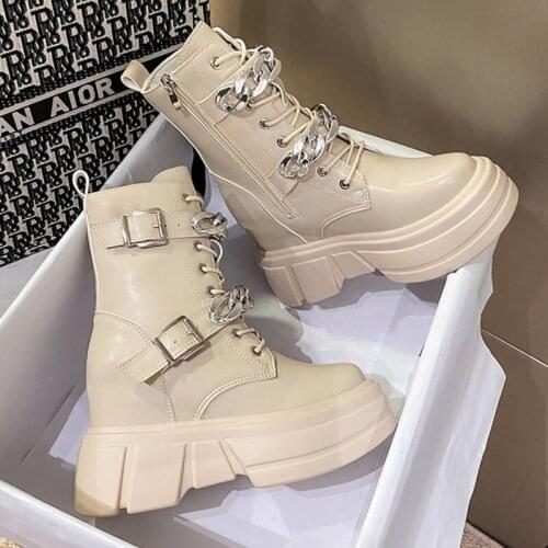 Fashion Winter Shoes Women Ankle Boots Zip Punk Style Platform Shoes Goth Sexy Chain Lace-up Motorcycle Boots Women Heels 2021