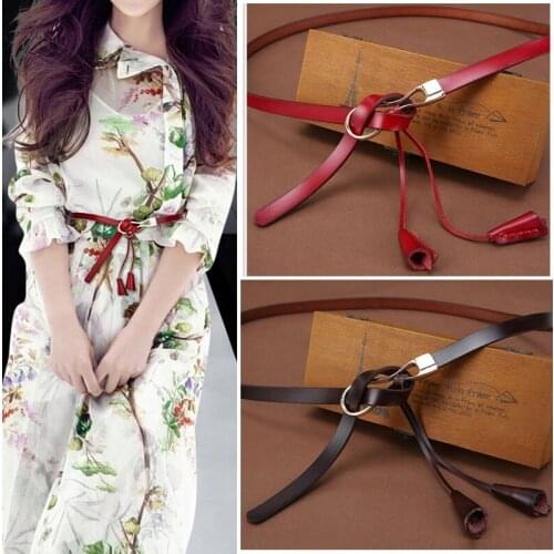 GOLDLILUO Fashion Womens Cowskin Genuine Split Leather Thin Belts Female Gold Tie Buckle Ladies Waist Belt for Dresses Waistban