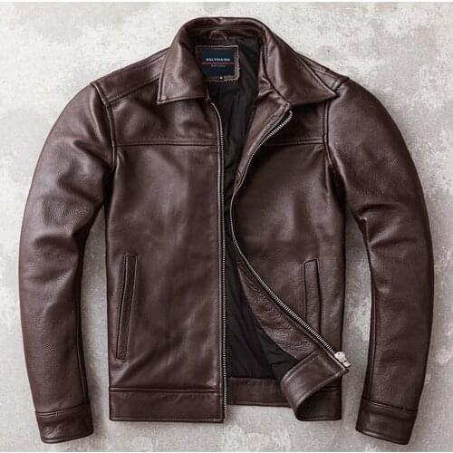 Men Genuine Cowhide Spring Biker Coat 2021 Vintage Brown Men Slim Fit Motorcycle Leather Jacket Plus Size 5Xl Genuine Jacket