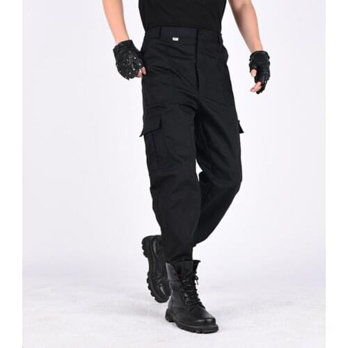 Men Solid Color Multi Pockets Training Long Cargo Pants Hiking Straight Trousers