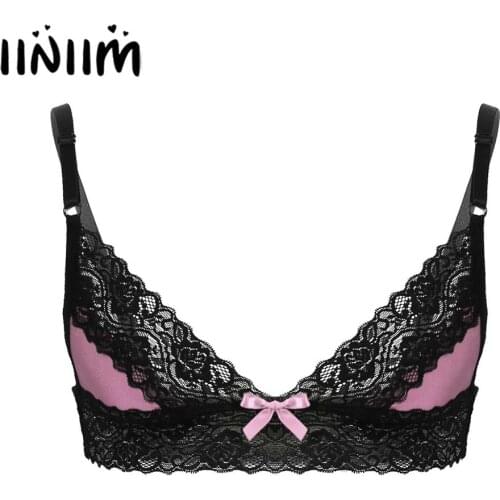 Iiniim Mens Gay Erotic Sissy Lingerie Bras Tops for Fetish Parties Spaghetti Straps Floral Lace Trim Wire-free Unlined Bra Tops