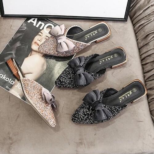 Wood Heels mules pointed toe glitter bow-knot slippers women flipflops summer shoes woman sandalias bling cover toe slides 34-43