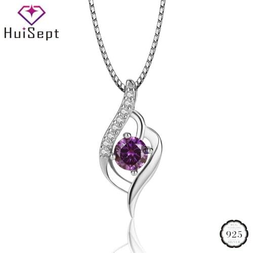 HuiSept Fashion 925 Silver Necklace Jewelry with Round Amethyst Zircon Gemstones Pendant for Women Wedding Party Gifts Wholesale