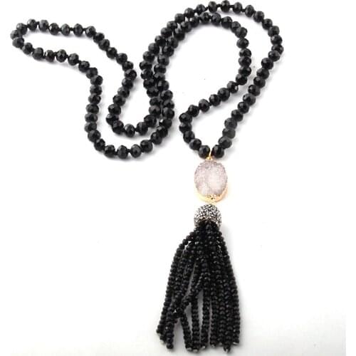 Fashion Bohemian Tribal Jewelry Glass Crystal Knotted White Druzy Link Glass Tassel Necklaces Women Ethnic Necklace