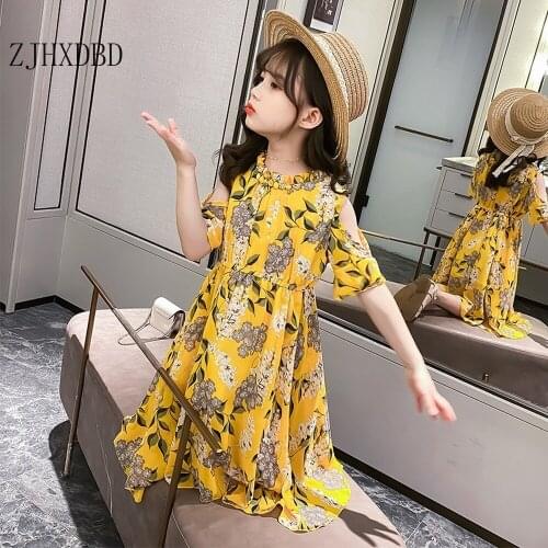 Girls' Dress Summer 2020 New Korean Childrens Children Summer Dress Little Girl Summer Chiffon Yellow Floral Strapless Dresses