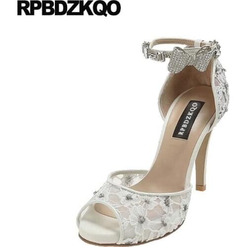 Bowtie Shoes Stiletto Lace Pumps High Heels Wedding Peep Toe Ankle Strap Rhinestone White Crystal Women Sandals 2018 Summer Thin