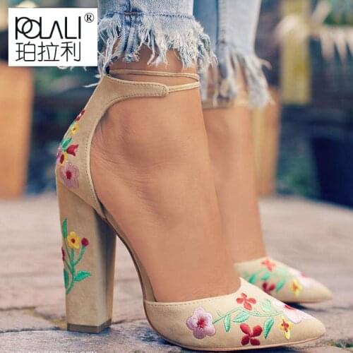 Embroidery Flower Women High Heels shoes Women Platform Pointed Toe Square heel Pumps Sexy Party dress shoes mujer plus size 43