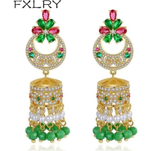 FXLRY Gorgeous Green Tassel Drop Earrings for Women Wedding Party Beads Ethnic Flower Fashion Jewelry