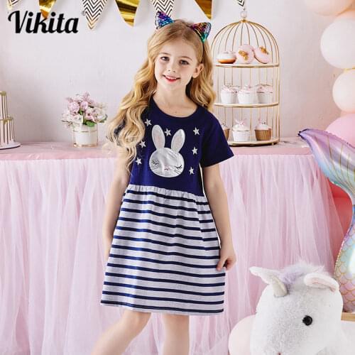 VIKITA Kids Rabbit Cartoon Appliqued Dress Children Cotton Dress Girls Summer Short Sleeve Dresses Kids Girls Casual Clothes