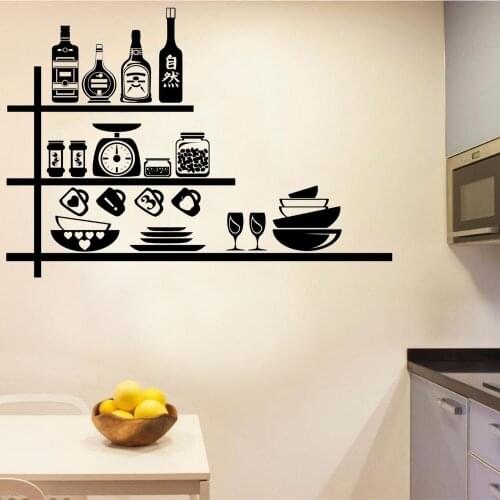 Vinyl New Kitchen Shelf With Cups And Plates Wall Art Decal Kitchen Sticker For Home Kitchen Decoration Removable A002782