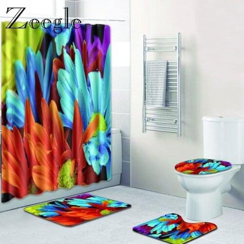 Zeegle 4pcs Bathroom Floor Mat Sets Anti Slip Rug Floral Pattern Shower Curtains Bath Mat Toilet Lid Cover Carpet
