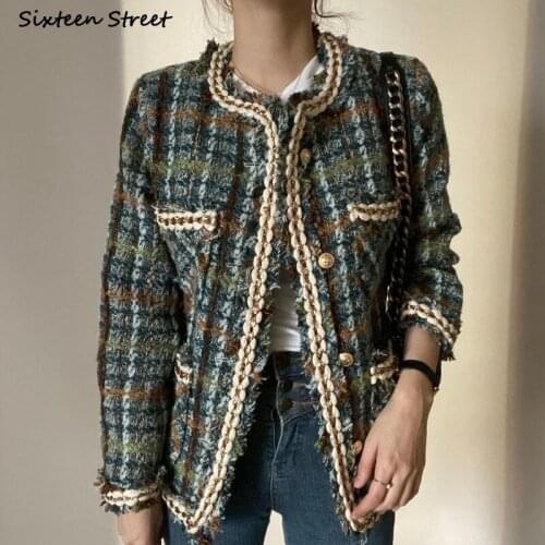 Chic Vintage Plaid Tweed Jacket Female Winter 2021 O-neck Golden Button Up Wool Cropped Coat Business OL Elegant Outerfit Autumn