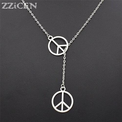 Fashion Antique Double Hollow Peace Sign Symbol Pendant Adjustable Cross Lariat Necklace for Women Unique Gifts Jewelry