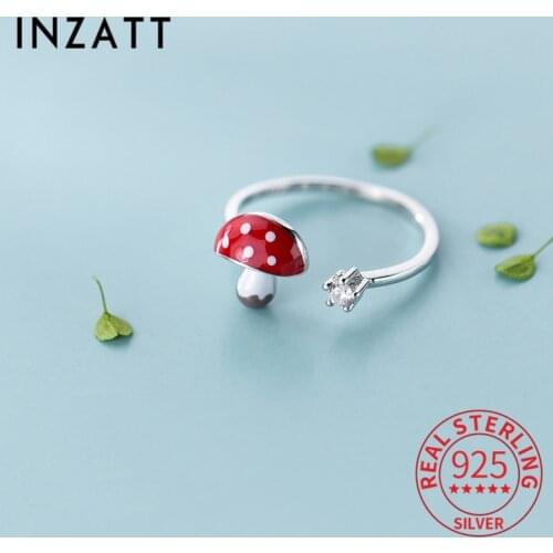 INZATT Real 925 Sterling Silver Zircon Red Enamel Mushroom Adjustable Ring For Fashion Women Geometry Fine Jewelry Drop Shipping