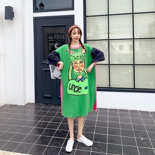 Summer new style plus size womens stitching loose T-shirt long skirt cute cartoon printing age reduction slimming dress