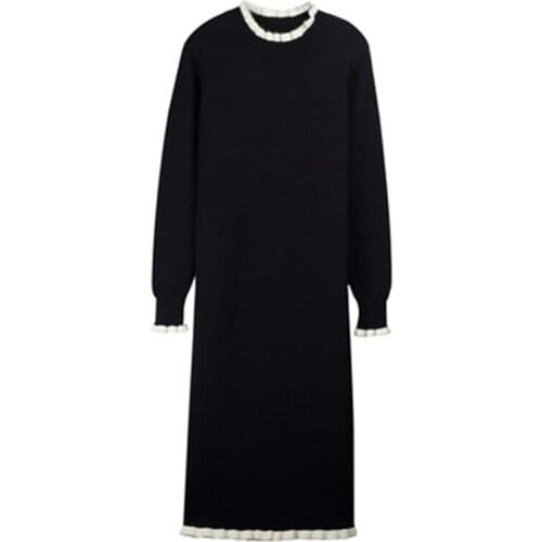 Ruffels Womens Knit Long Dress Patchwork 2021 New Spring Autumn Female Pleated Dresses Trendy OL Ladies Bottoming Pullover N954