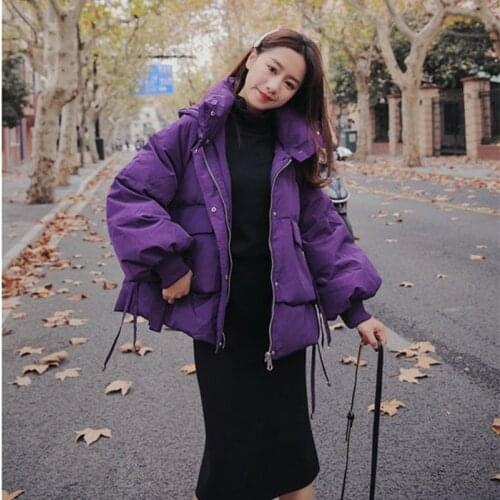 Women 2021 Winter Coat Fashion Purple Cotton Padded Parka Jacket Vintage Long Sleeve Chic High Street Female Outerwear X377