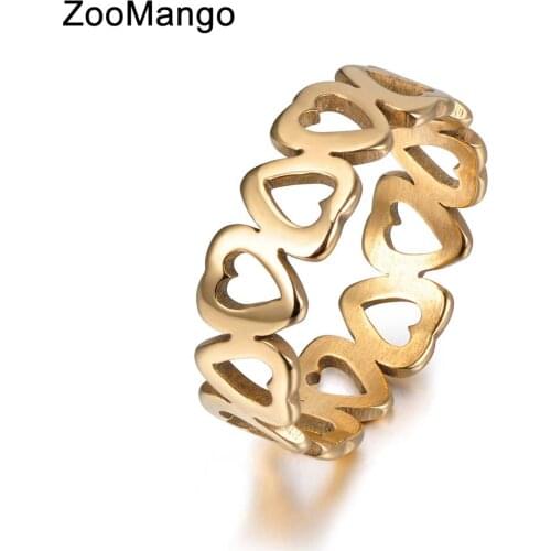 ZooMango 316L Stainless Steel Hollow Heart-shaped Couple Rings Trendy Gold Color Love Heart Ring Jewelry For Women Gifts ZR17154