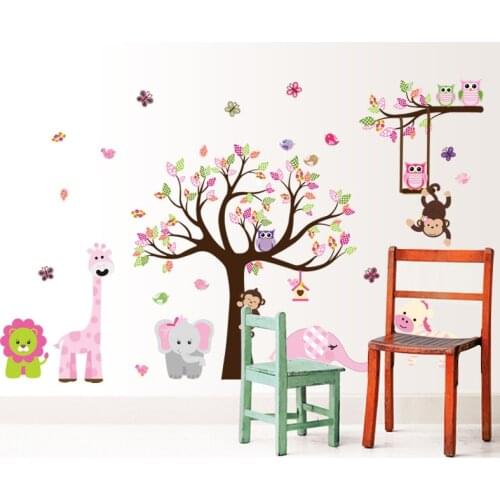 300x130cm Cartoon Animals Owl Tree Butterfly Monkey Wall Stickers for Kids Room Home Decor Large Colorful Mural Decal Stick Wall