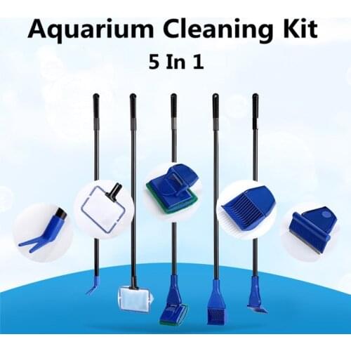 5 In 1 Aquarium Tank Cleaner Set Fishnet Gravel Rake Algae Scraper Grass Fork Sponge Brush Glass Fish Tank Cleaning Tools