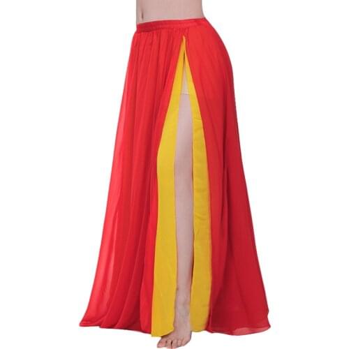 2 Layers Dancewear Double Colors Women Belly Dance Clothing Side Split Full Circle Long Skirt Chiffon Bellydance Skirt