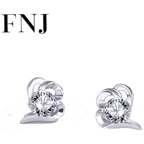 FNJ Heart Earrings 925 Silver Jewelry Original Pure S925 Sterling Silver Stud Earring for Women White Zircon